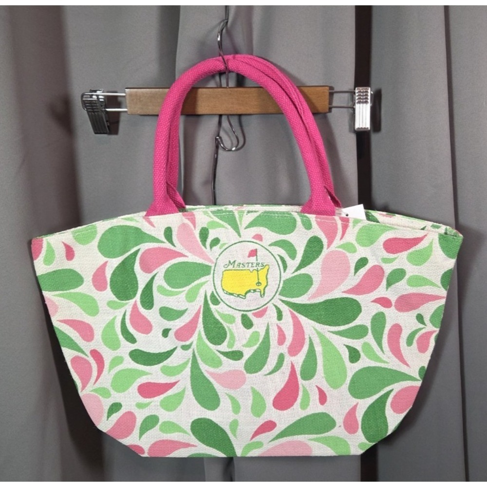 Masters Jute Tote Bag Pink Green Swirl Teardrop Iconic Logo NWT 18x11